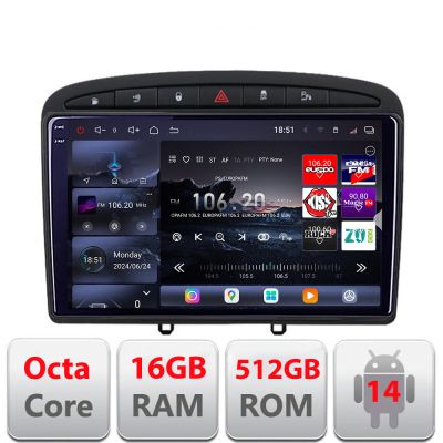 Navigatie Peugeot 308 2007-2014  Edotec Kit-038 8 core QLED 2K 16+512GB 360 Android Waze USB Navigatie Internet Youtube Radio