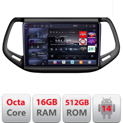 Navigatie Jeep Compass 2016+ Edotec Kit-739 8 core QLED 2K 16+512GB 360 Android Waze USB Navigatie Internet Youtube Radio