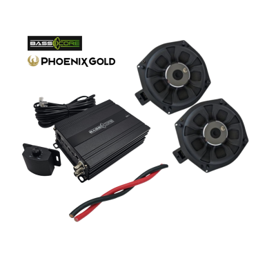 Pachet 2 subwoofere Phoenix Gold dedicate pentru BMW E/F/G, cu amplificator 1 canale de la BassCore si cablu de alimentare de 5 metri.