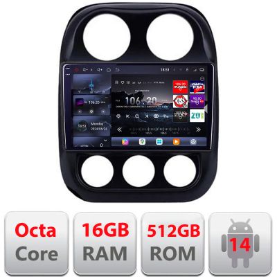 Navigatie Jeep Compass 2010-2016 Edotec Kit-2500 8 core QLED 2K 16+512GB 360 Android Waze USB Navigatie Internet Youtube Radio