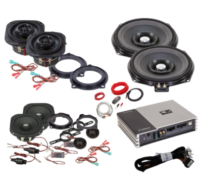 Pachet audio compus din 2 difuzoare componente, 2 difuzoare coaxiale, 2 subwoofere sub scaune, cu amplificator DSP, dedicate BMW Seria E/F/G, cu inele si cablaje plug and play