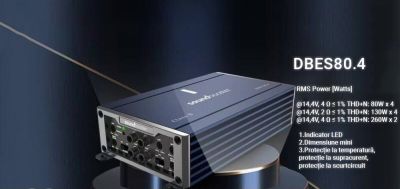 Amplificator audio auto alimentare la 12v D-BES80.4, cu 4 canale, 120W RMS, Clasa D