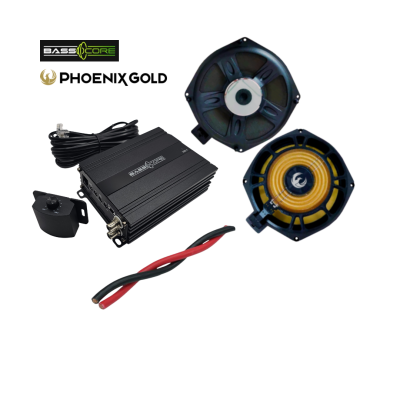 Pachet 2 subwoofere Phoenix Gold dedicate pentru BMW E/F/G, cu amplificator 1 canale de la BassCore si cablu de alimentare de 5 metri.