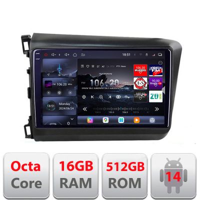 Navigatie Honda Civic 2012-2015 Edotec Kit-132 8 core QLED 2K 16+512GB 360 Android Waze USB Navigatie Internet Youtube Radio